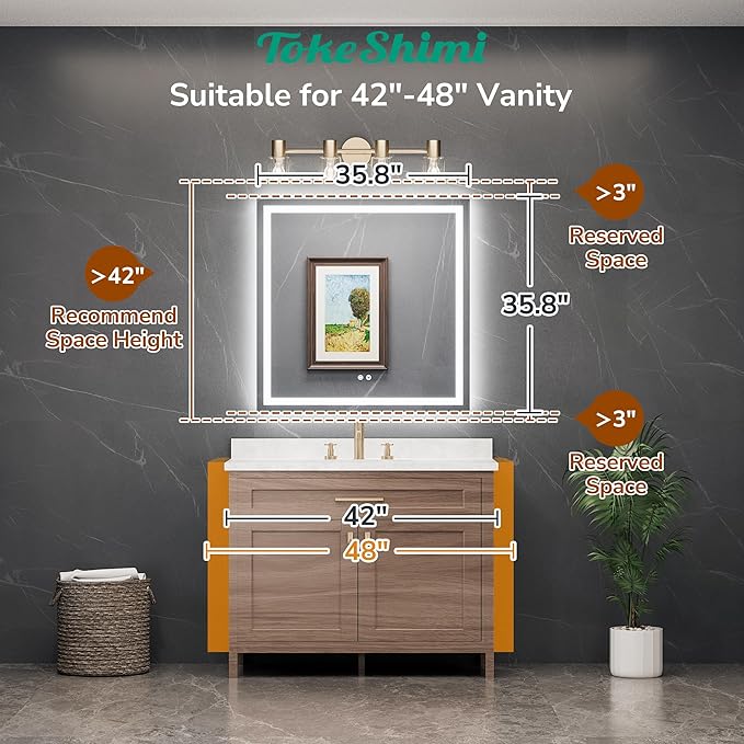 TokeShimi 36x36 LED Bathroom Vanity Mirror with Lights 3 Colors,LED Mirror for Bathroom,Front Lit + Backlit Stepless Dimmable,Anti-Fog,Memory,HD Tempered Glass,UL Listed,Waterproof