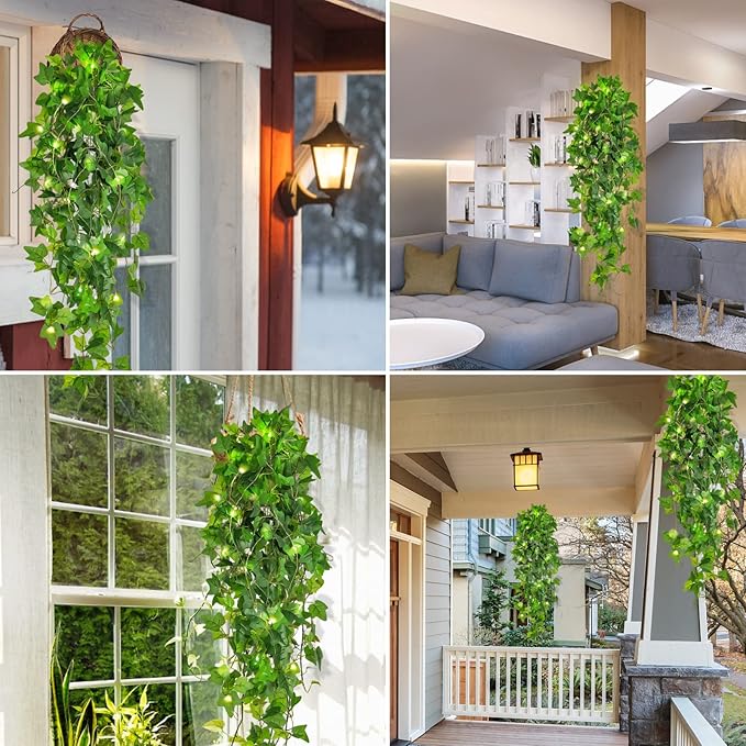 RECUTMS Hanging Fake Plants 4 Pack Artificial Vines Silk Ivy Greenery Garland with 30 LED Fairy String Lights Indoor and Outdoor Home Garden Hotel Green Leaves Wedding Bedroom Office Decoration