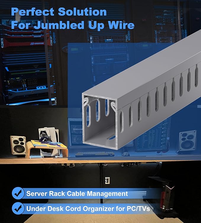 ZhiYo H1.6 x W1.2in Cable Raceway, 6.6ft (2xL3.3ft) Server Rack Cable Management Under Desk Cord Organizer, Electrical Safe PVC Cable Channel Open Slot Wire Raceway for Network/PC/TVs, Wire Duct Black