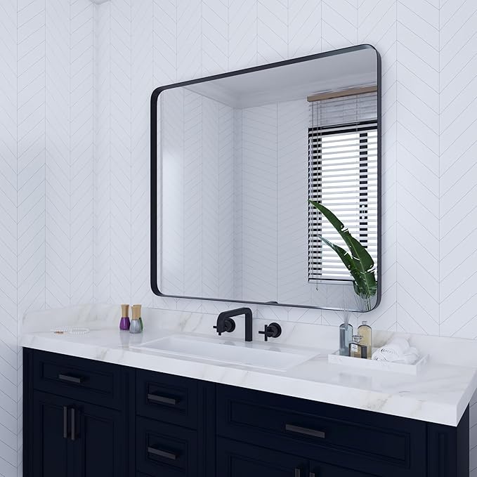VocalStar Black Metal Framed Bathroom Mirror for Wall, 36 x 40 Inch Large Rounded Rectangle Matte Black Bathroom Vanity Mirror Farmhouse, 1/4-inch Shatterproof Glass | Ultra-Flush Hanging