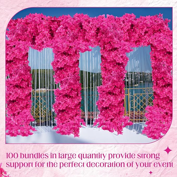 100 Pack Artificial Bougainvillea Floral 38" Silk Long Stem Bougainvillea Plants Hanging Table Centerpiece for Home Wedding Indoor Outdoor Decorations (Rose Red)