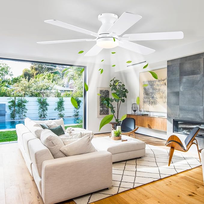 Ceiling Fans with Lights- 52" Low Profile Indoor Ceiling Fan with Light and Remote/APP Control, Flush Mount, 6 Blade, LED Dimmable DC Reversible Modern Ceiling Fan for Bedroom(White)
