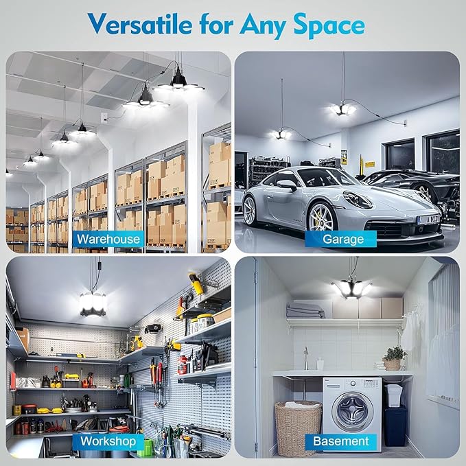 TANBABY Upgrade 250W LED Garage Lights Plug in 2 Pack, Total 50000LM Deformable Lights Ceiling LED Plug in Cord, Plug in Shop Light for Garage Lighting with 8+1 Panels Garages Bulb for Basement
