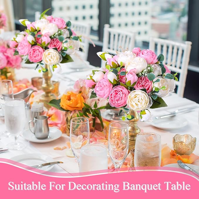 Hoteam 24 Bundles Artificial Peonies Flowers Wedding Faux Flowers Silk Peony Bouquet Bulk Bride Fake Florals Arrangements for Table Centerpieces Wedding Party Vase Decor (Light Pink, White)