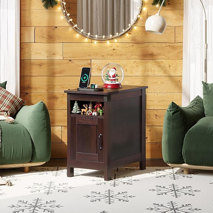 WLIVE End Table with Charging Station, Narrow Side Table for Living Room, Farmhouse Night Stand with Storage, Small Wooden Cabinet with USB Ports and Outlets for Living Room and Bedroom, Espresso