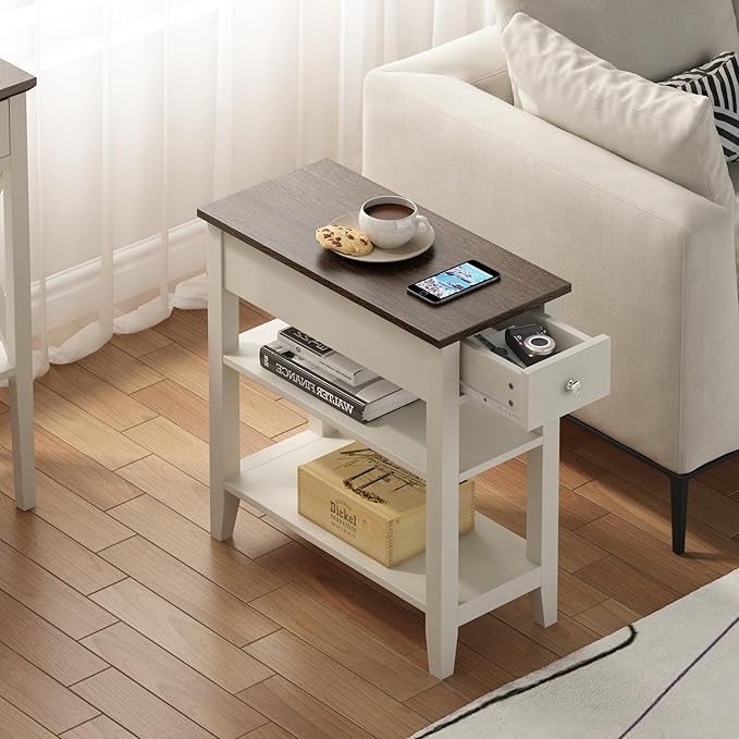 ChooChoo Side Table Living Room Set of 2, Narrow End Table with Drawer and Shelf, 3-Tier Sofa End Table for Small Space, White and Brown