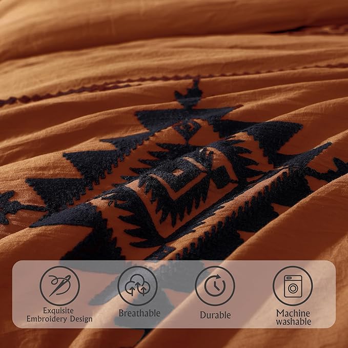 MaiRêve California King Comforter Set Burnt Orange, Embroidery Western Bedding Set Boho 7 Pieces, Farmhouse All-Season Bed in A Bag with Sheets, Pillowcases & Shams