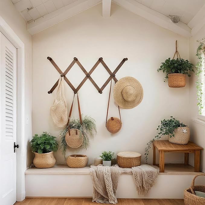 SKOLOO Hat Rack for Wall with 11 Hooks, 24 inch Solid Wooden, Modern, Huge Coat Rack Wall Mount for Coats, Hats, Bags, Cowboy Caps, Baseball Caps, Walnut Color