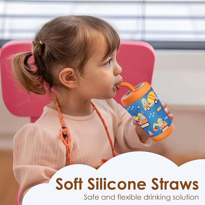 Kid Insulated Stainless Steel Tumbler with Silicone Straw, 12oz Sippy Cup for Kids (Construction Trucks)