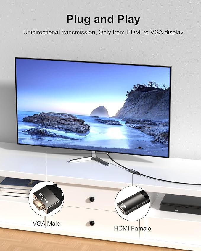 VGA to HDMI, Uni-Directional HDMI to VGA Adapter (Female to Male), VGA (Display) to HDMI (Source) Converter 1080P@60Hz Compatible with Computer, Desktop, Laptop, PC, Monitor, Projector