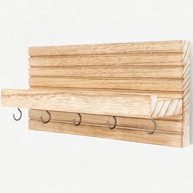 Decorative Key Holder for Wall with Shelf, Entryway Shelf with Hooks Holds Leashes, Jackets and Glasses – Sturdy Wood Keyholder Entrance Hanger with Mounting Hardware (Wood, Medium)