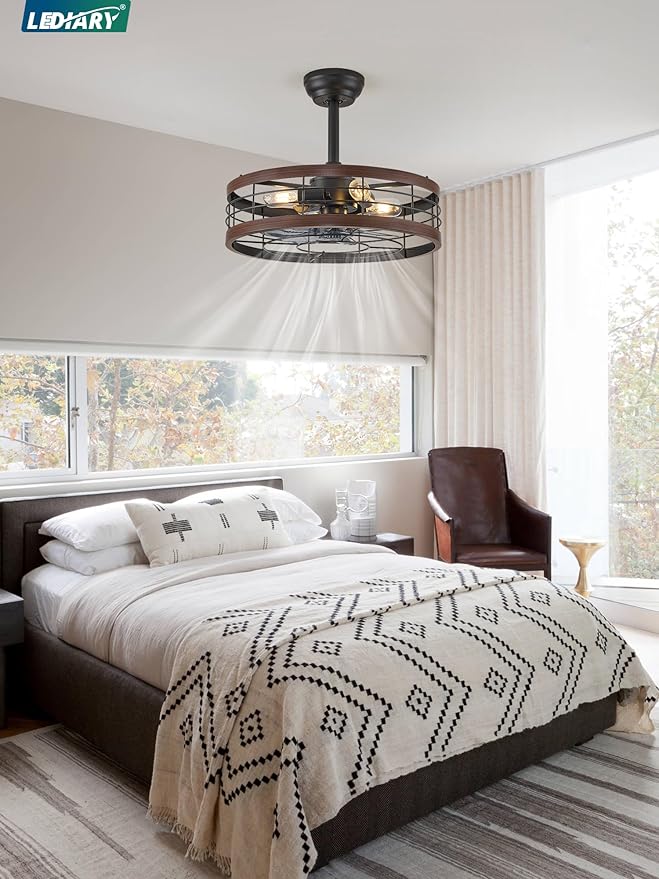 LEDIARY 20 inch Fandelier Caged Ceiling Fan with Light, Bladeless Ceiling Fan with Remote, Farmhouse Fan Lights Ceiling Fixtures for Kitchen, Bedroom, Outdoor(6 Speed, Timing) - Walnut