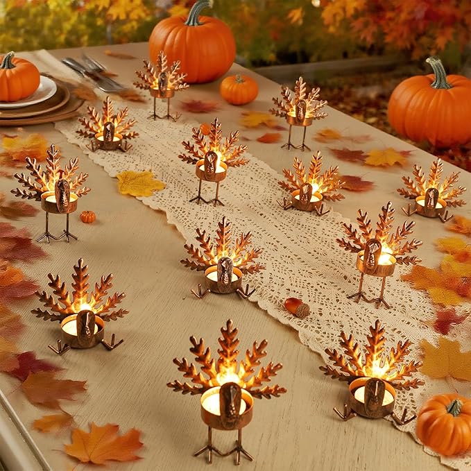 SAND MINE Metal Turkey Tea Light Candle Holders, Thanksgiving Candle Holder, Turkey Candle Holder, Metal Candle Holder, Thanksgiving Home Table Decoration (12)