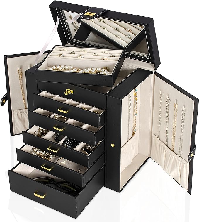 AKOZLIN Huge Jewelry Box Organizer Functional Lockable, Large Leather Jewelry Storage Case for Women Girls Ring Necklace Earring Bracelet Holder Organizer with Mirror