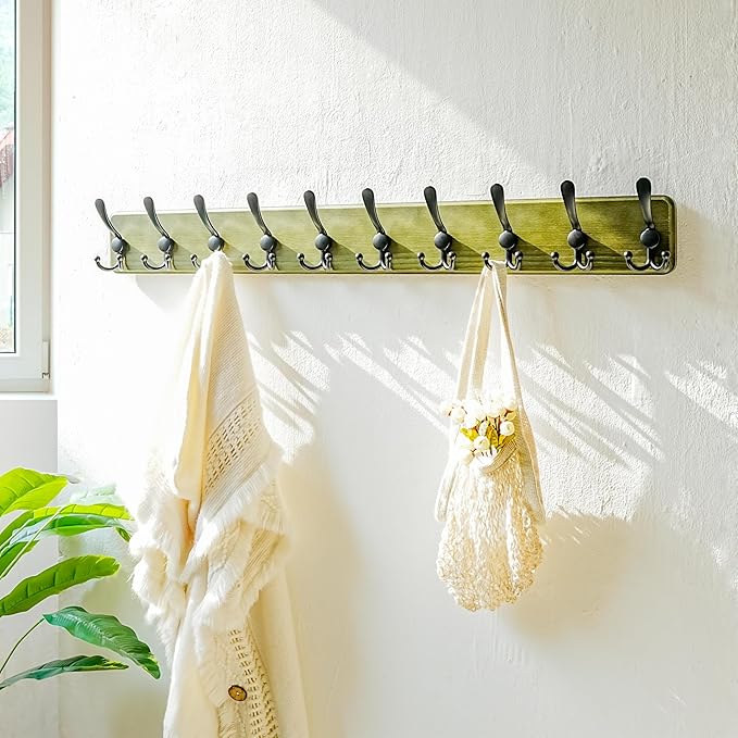 Dseap Coat Rack Wall - Heavy-Duty 38-1/4" Long, with Reinforced 10 Custom Tri-Hooks, Solid Wood Wall Hanger for Coats Hat Jackets - Rustic Farmhouse Entryway Storage,Weathered Green & Black,Pack of 2