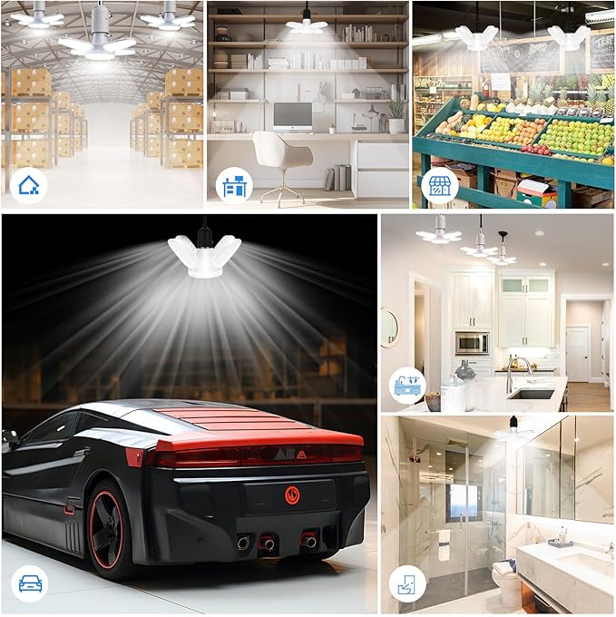 2Pack LED Garage Ceiling Lights, 4 Adjustable Panels, 5000Lumen, E26 6500K Daylight Shop Lights for Garage, Kitchen, Indoor, Attic