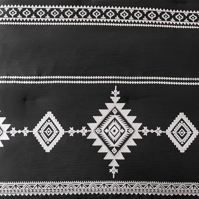 MaiRêve Embroidery Queen Size Comforter Set Black, Boho Farmhouse Western Bedding Set 7 Pieces, All Season Bed in A Bag Comforter Set with Sheets, Pillowcases & Shams