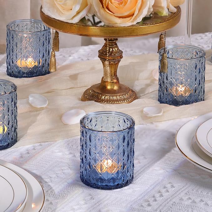 12Pcs Large Votive Candle Holders 2.8 * 3.2in Blue Tea Light Candle Holders Glass Candle Holder for Wedding, Bridal Shower, Table Centerpiece, Party, Home Decor