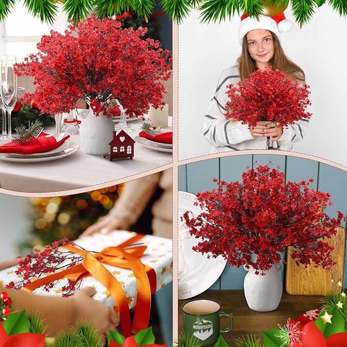 Lyrow 24 Pcs Red Babys Breath Artificial Christmas Picks Decoration Xmas Fake Flowers Stems Gypsophila Bushes Floral Arrangement Bulk for Home Indoor Table Decor(Red)