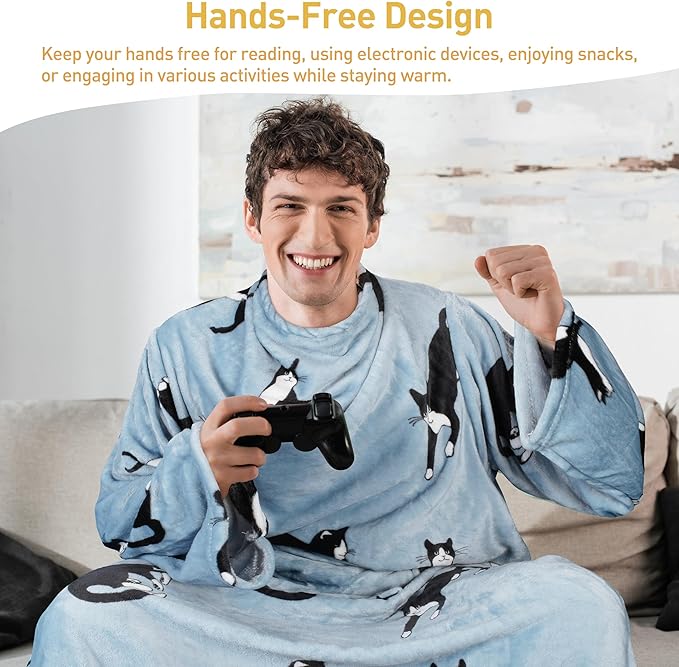 Catalonia Wearable Fleece Blanket with Sleeves and Foot Pockets for Adult Women Men, Micro Plush Comfy Wrap Sleeved Throw Blanket Robe Large, Wondercat Grey