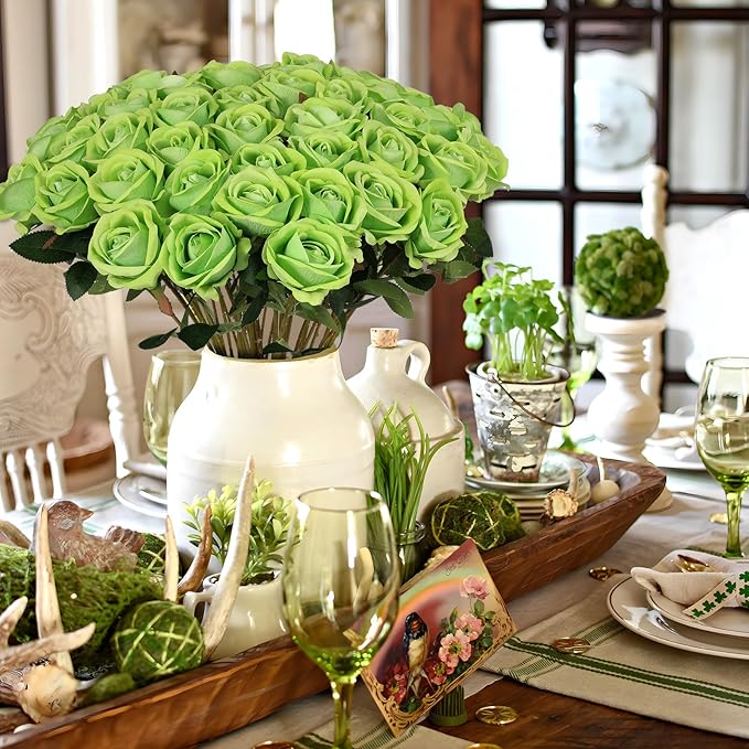 Hananona Artificial Roses in Bulk, Fake Silk Roses Realistic Green Roses for Wedding Centerpieces Flower Arrangement St Patricks Day Home Decor (50, Light Green)