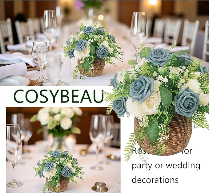 Artificial Rose Flowers 25pcs, Dusty Sea Blue Foam Fake Rose Faux Flower for Wedding Bouquets Bridal Shower Centerpieces Floral Arrangements Home Decorations Party Backdrops Table