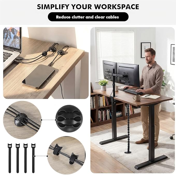 Yaomiao 4 Pack Under Desk Vertebrae Cable Management Kit Standing Desk 48'' Adjustable Quad Entry Flexible Cord Organizer with Ties, Stick-on Clips Cable Management Set for Home User Office Worker