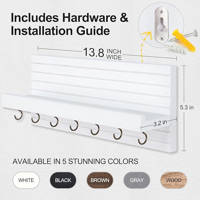 Decorative Key Holder for Wall with Shelf, Entryway Shelf with Hooks Holds Leashes, Jackets and Glasses – Sturdy Wood Keyholder Entrance Hanger with Mounting Hardware (White, Large)