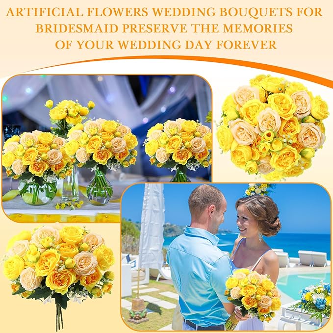 Geosar 8 Bundles Artificial Peonies Flowers Fake Silk Peony Bouquet Faux Peonies Flowers Bulk for Decoration Vase Floral Arrangements Wedding Party Table (Yellow,Champagne)