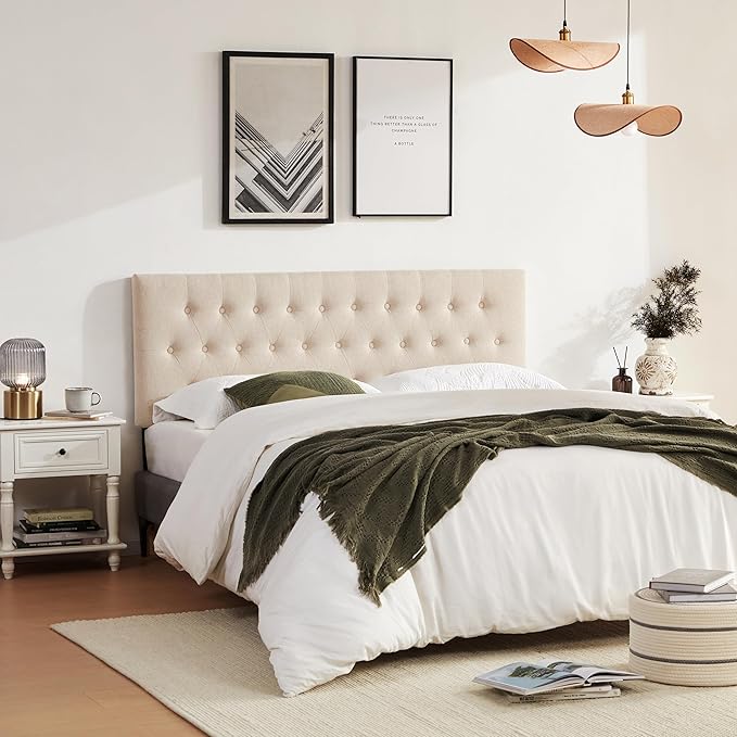 Tufted Upholstered Headboard California King Size, Solid Wood Head Board with Durable Metal Legs, Adjustable Height Bed headboard from 37” to 51” Fabric Headboard in Button Design, Beige