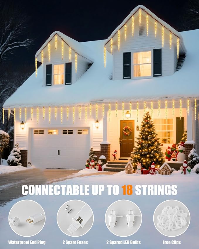 Minetom Icicle Lights Outdoor with Clips, 2 Pack Total 40ft 200 LED 40 Tubes Twinkling Ice Shape String Lights, Connectable Hanging Christmas Lights Plug in for Eave Holiday Outdoor, Warm White
