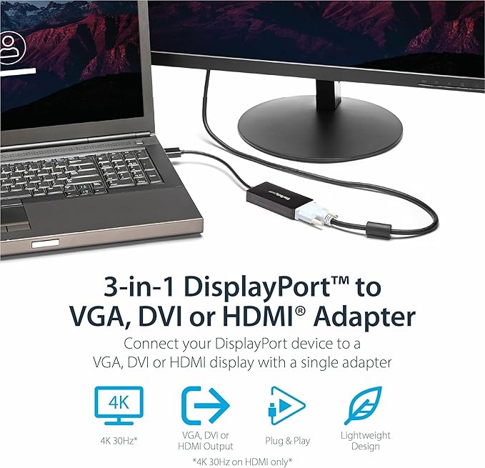 StarTech.com 3 in 1 DisplayPort Multi Video Adapter Converter - 1080p DP Laptop to HDMI VGA or DVI Monitor or Projector Display (DP2VGDVHD),VGA / DVI / HDMI (Black)
