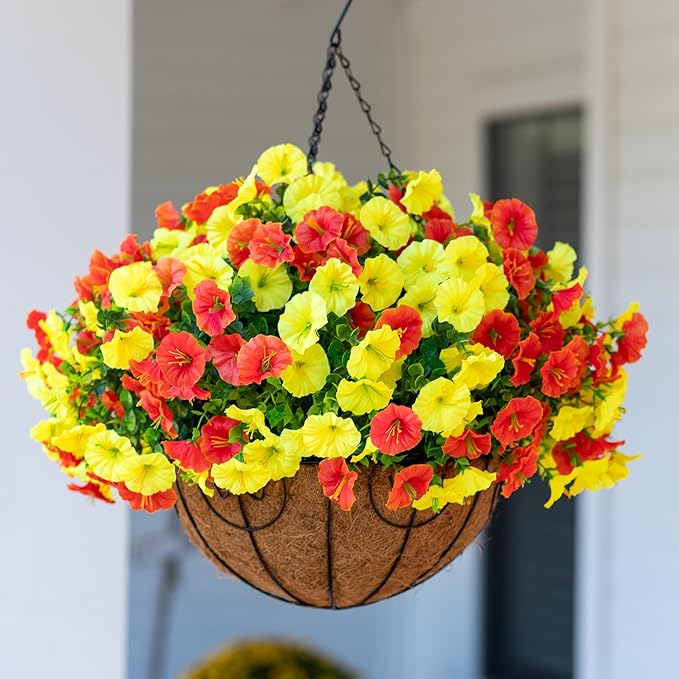 Artificial Fake Hanging Flowers with Basket for Fall Decoration, 12 Bundles Faux Silk Morning Glory Plants for Outdoor Planters, Realistic UV Resistant Artificial Flowers for Outside Porch Garden
