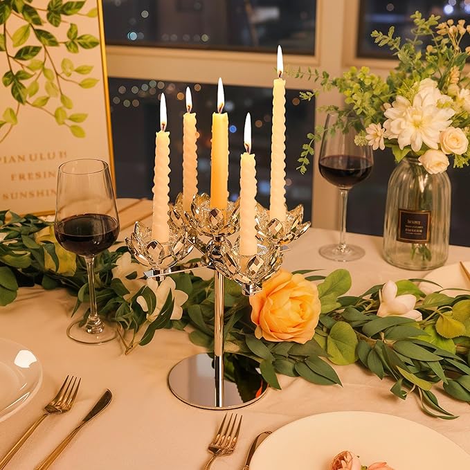 Crystal Candle Holders Lotus Candelabras Silver Arch Candlestick, Centerpiece Table, Home Hecor for Wedding, Dinning Room, Coffee Table, Kitchen, Living Room, Entryway (5 Arms, Taper Candle)