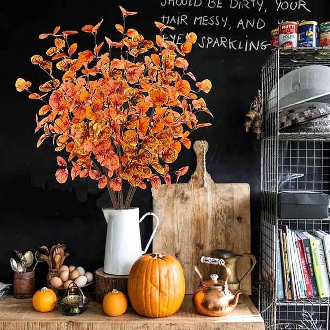 12pcs Artificial Eucalyptus Leaves Stems 30" Faux Fall Leaf Spray Plants Branches Autumn Decorations for Home Floral Arrangements Farmhouse Table Centerpiece Thanksgiving Decor
