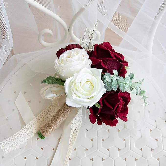 Wedding Bouquets for Bride Bridesmaid, Artificial Burgundy Champagne Bride Flower Bouquet for Wedding Church Decoration Ceremony, Anniversary, etc, Roses Flowers