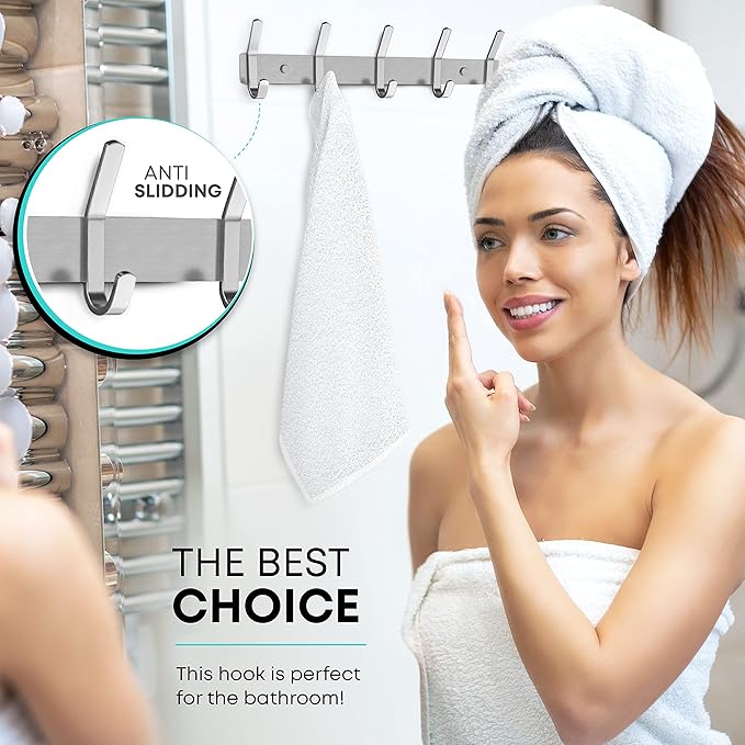 Coat Rack Wall Mount – Brushed Nickel 15 Inch Stainless Steel Hook Rail with 5 Heavy Duty Double Coat Hooks – Wall Mounted Coat Hanger for Entryway, Bathroom, Bedroom, Towel, Hat Organizer - 2 Pack