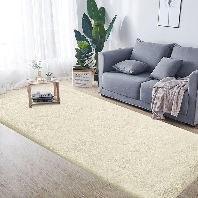 2x6 Runner Rug for Bedroom: Fluffy Shag Soft Washable Rugs Small Fuzzy Plush Indoor Carpet for Hallway Bedside Dorm Kids Girls Boys Room (Cream White, 2'x6')