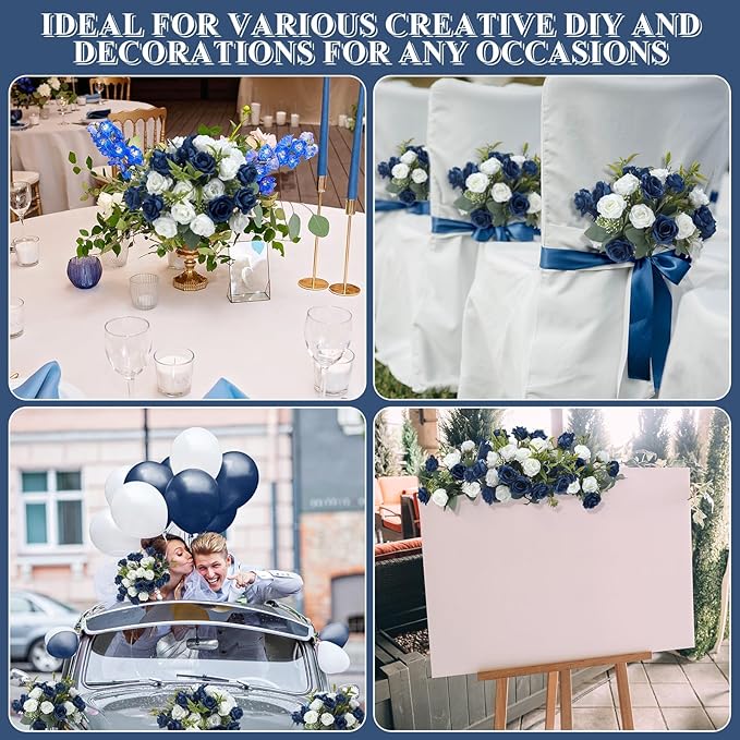 Zeyune 8 Pack 12 Inch Wedding Bouquets for Bride Bridesmaid Dark Blue and White Artificial Rose Bouquet Fake Silk Roses Flowers Bunches Bulk for Home Office Garden Parties Decoration