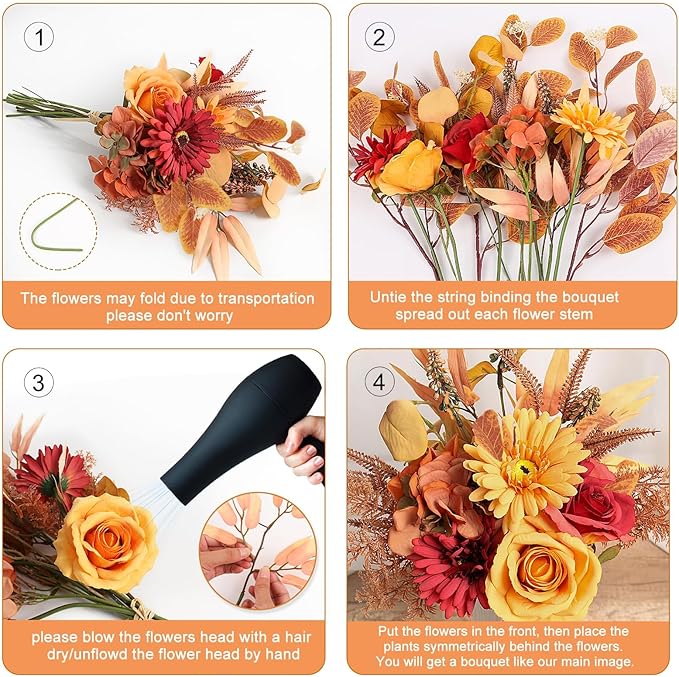 2 Pcs Artificial Fall Flowers Bouquet for Decoration, Fall Fake Silk Flower Arrangement Faux Autumn Flowers Fall Decorations for Home Indoor Office Wedding Bride Bouquets Table Centerpieces Fall Decor