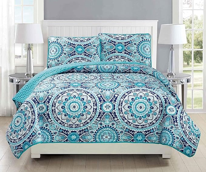 Fancy Collection 3pc Quilted Bedspread Set Coverlet Over Size New (King/California King, Turquoise, Blue, Gray, Teal)