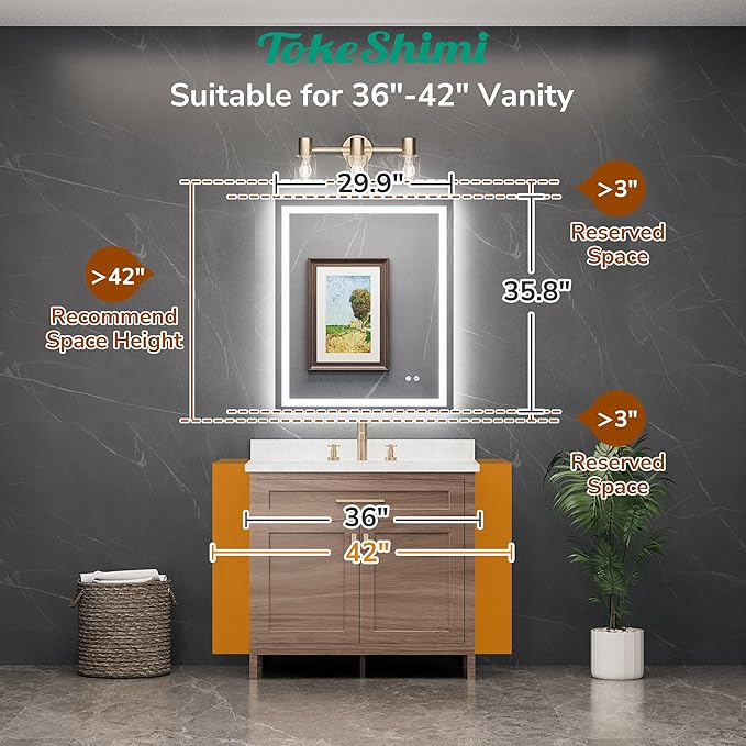 TokeShimi 30x36 LED Bathroom Vanity Mirror with Lights 3 Colors,LED Bathroom Mirror with Lights Backlit + Front Lit,Anti-Fog,HD Tempered Glass,Memory,UL Listed,Waterproof,Shatterproof