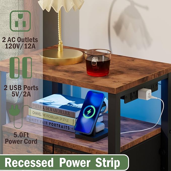 Furnulem Led Nightstand with Charging Station, Bedside Table with 3 Fabric Drawers and Storage Shelf, End Table with USB Ports and Outlets, Small Night Stand for Bedroom, Rustic Brown