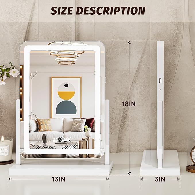 Vanity Mirror with Lights, 18"x13" Hollywood Lighted Makeup Mirror for Tabletop & Bedroom 3 Color Lighting Modes Smart Touch Control 360° Rotation Detachable