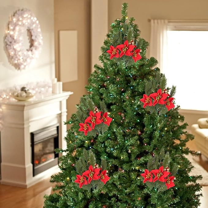 GTIDEA 6pcs Artificial Pine Branches Christmas Greenery Stems with Poinsettias Artificial Christmas Flowers and Berries Fake Green Plants for Xmas Tree Home Porch Table Centerpieces Vase Decor (13.4")