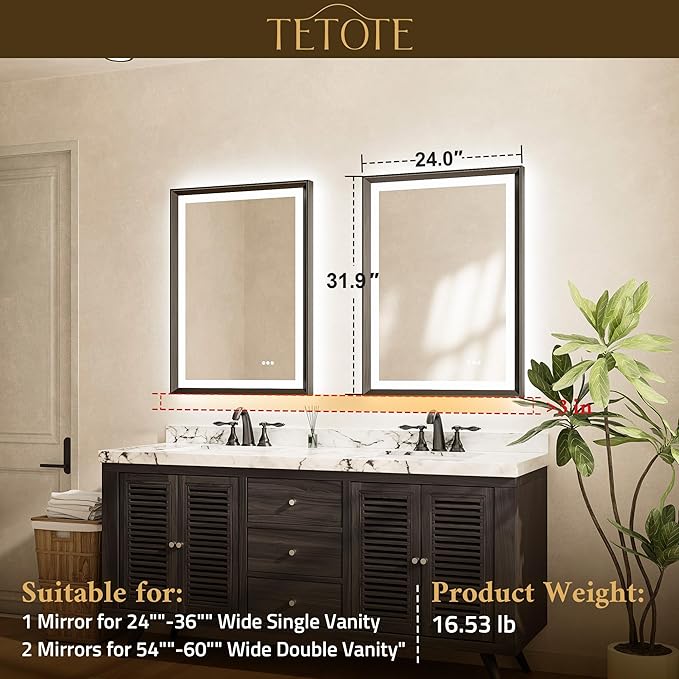 TETOTE Gold LED Mirror for Bathroom 24x32 Metal Frame Frontlit & Backlit Lighted Vanity Mirror Baroque Anti Fog Stepless Dimmable White/Warm/Natural,CRI90+,Wall Mounted(Horizontal/Vertical)