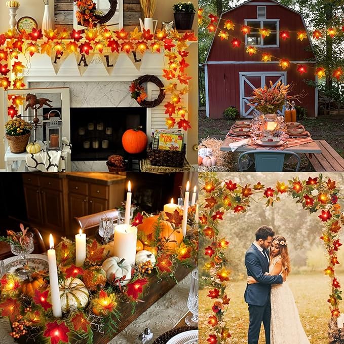 4 Pack Thanksgiving Decorations Maple Leaf Pumpkin Lights, Total 40Ft 80 LED Battery Operated 3D Pumpkin Fall Leaves Garland String Lights for Home Mantel Table Porch Door Indoor Outdoor Fall Decor