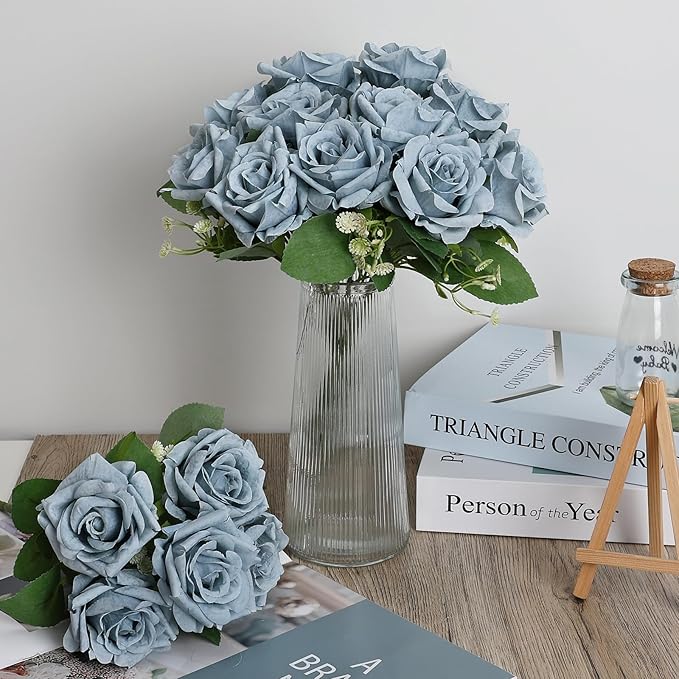 Artificial Roses Bouquets - 8 Bundles Fake Silk Flowers Realistic Faux Florals Bulk for Wedding Bridal Party Baby Shower Event Home Arrangements Centerpieces Decorations (Dusty Blue)