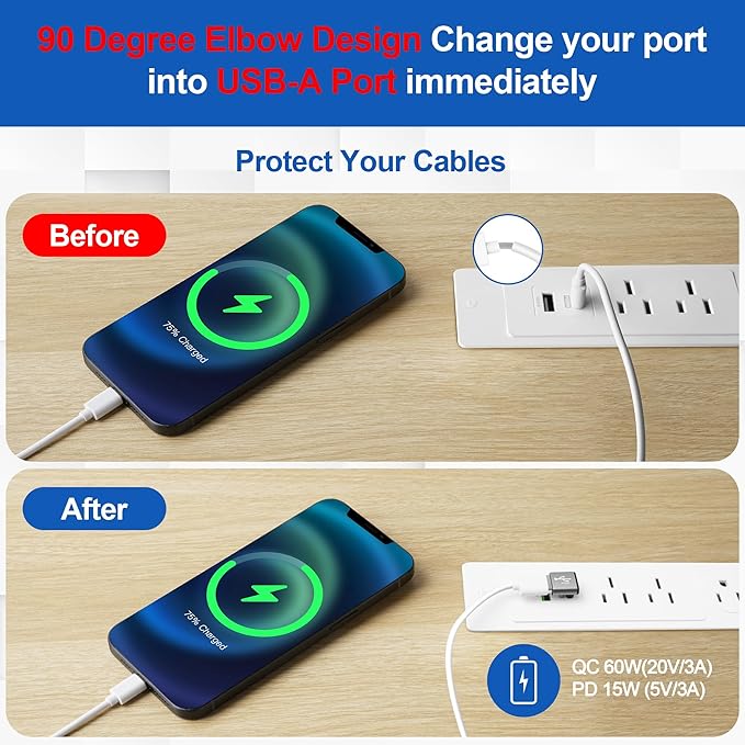 90 Degree USB C to USB Adapter 10Gbps, 2-Pack Right Angle Type-C (Male) to USB-A (Female) L-Shape Extender Converter Support Charge & Data Transfer for iPhone 16 15 Series, PC, Tablet, Laptop