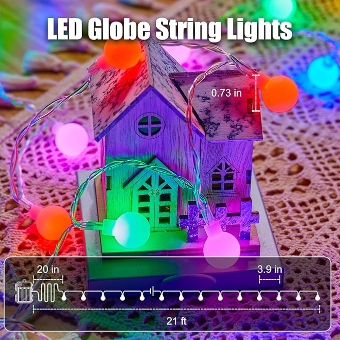 Minetom RGB LED String Lights - 21FT 60 LED Battery Operated Globe Lights with Remote, Color Changing Fairy Lights for Bedroom RV Christmas Valentine's Day Party Wedding Camping Indoor Outdoor Decor